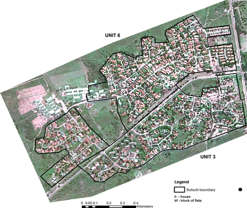 Figure 3. Illustration of interpretation of type of main dwelling (brick houses on separate stands (plots) and blocks of flats) for the suburbs Unit 3 and part of Unit 6 (see Figure 1(c) for location) on the 2001 image in Figure 2(a) (with healthy vegetation depicted as green). The houses and blocks of flats were recognised on the basis of interpretation elements like tone (colour), shape, size (see text for explanation).