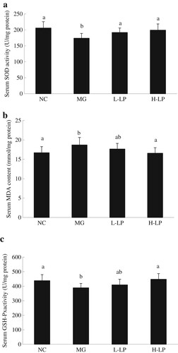 Figure 5. The serum levels of SOD (a), MDA (b), and GSH-Px (c) in each group. NC, normal control group; MG, model group; L-LP, low dose of loach meat paste; H-LP, high dose of loach paste. Values are mean ± SD (n = 15). means with different letters (a–d) differ significantly (p < .05).