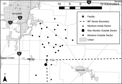 Figure 2. Location of Kincaid Power Station and 28 SO2 monitor locations.
