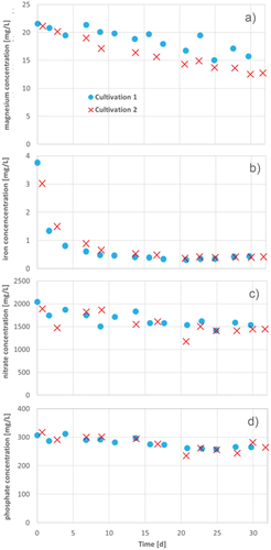 Figure 12. Magnesium (a), iron (b) nitrate (c), and phosphate (d) concentrations during 30 d (cultivation 1) and 32 d (cultivation 2) of two cultivation series of A. platensis in Zarrouk medium.