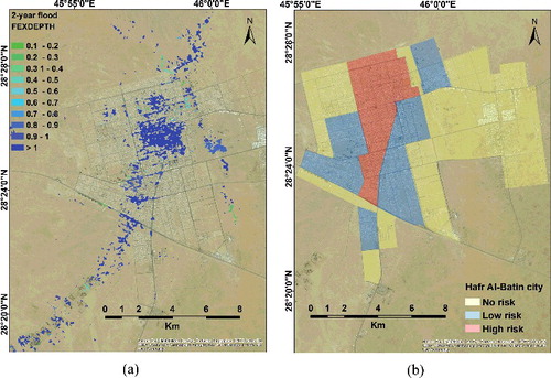 Figure 11. Flood hazard maps developed by (a) WSM and (b) Hafr Al-Batin municipality.