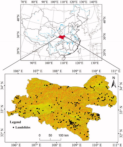 Figure 1. Location of the study area. The dots show the all landslides from 2005 to 2014.