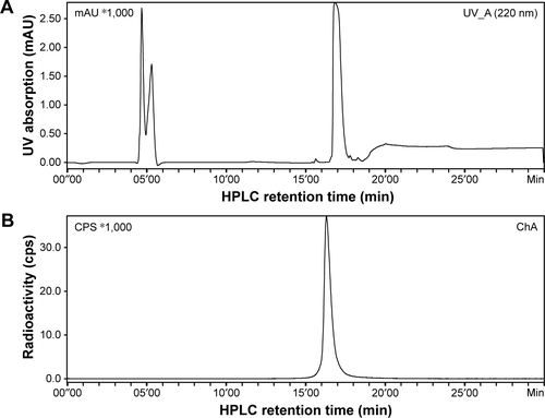 Figure S2 HPLC chromatogram of crude reaction mixture of 89Zr and DFO. 89Zr-DFO with retention time of 16.4 min detected by radioactivity detector. HPLC chromatography from UV detector (A); HPLC chromatography from radioactivity detector (B).Abbreviations: HPLC, high-performance liquid chromatography; DFO, deferoxamine; UV, ultraviolet; UV-A, ultraviolet absorption; ChA, chromatography; CPS, counts per second.