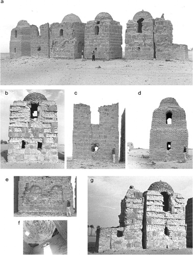 Figure 8. Photographs from the C.M. Daniels archive of the tombs of the Banū Khaṭṭāb at Zuwīla (ZUL003) in 1968 prior to restoration: a) general view, facing west (Tomb 1 to the right); b) Tomb 6 to the left); b) Tomb 2, facing east; c) Tomb 5, facing west; d) Tomb 6, facing west; e) niches on the east wall of Tomb 4, looking west; f) interior of the dome of Tomb 4 (note the timbers across the angles of walls to support the dome); g) Tombs 1 and 2, looking east (note the small gap between them).