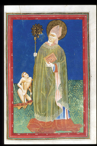 Fig. 10. An individual with knee-braces and crutches situated to the left of Martin of Tours. Egerton (MS 3018 f.117 r. 1375 AD − 1425 AD). © British Library Board.