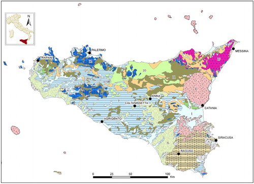 Figure 1. Lithological sketch of Sicily region. 1 – Recent alluvial deposits and beaches (Holocene); 2 – Dunes and eolian deposits (Holocene–Pleistocene); 3 – Fluvial and fluvio-lacustrine terraced deposits (Pleistocene); 4 – Volcanic and pyroclastic rocks (Neogene–Holocene); 5 – Detrital limestone and beach deposits (Pliocene–Pleistocene); 6 – Marine sands and conglomerates (Pliocene–Pleistocene); 7 – Marine clays, silty clays, and marls with evaporites (Miocene–Pleistocene); 8 – Marls sandstone and arenaceous-pelitic flysches (Miocene); 9 – Biocalcarenites, limestones, and marls (Paleogene–Miocene); 10 – Arenaceous flysches (Paleogene); 11 – Clayey-calcareous flysches (Cretaceous–Paleogene); 12 – Limestones, dolonstones, marls, and calcareous flysches (Permian–Jurassic); 13 – Phyllites, schists, gneiss, and quartzite, from low- to high-grade metamorphic, of Calabride–Peloritan unit (Triassic–Jurassic).