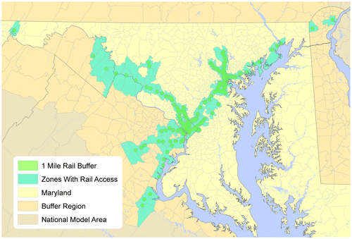 Figure 3. Zones with access to rail stations within a 1-mile buffer (Source: Authors).