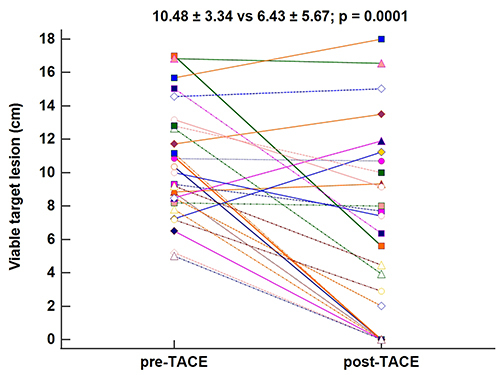 Figure 3 Change in viable target lesion size after combined DEB-TACE.