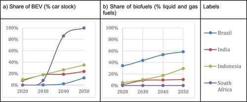 Figure 6. (a) Share of full-electric vehicles in total car stock, and (b) share of liquid biofuels and biogas in total liquid fuels and pipe gas consumed by passenger transport, 2020–2050.Note: Plug-and-Hybrid Electric Cars do represent an important part of the car stock in Brazil and Indonesia by 2050, around one-third.