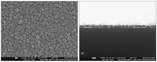 Figure 3. SEM micrographs of the Ag nanostructure (i.e. a) – top view, and b) – side view, prepared by sputtering of an Ag target (using 20 keV Ar+ ions with a current of 0.8 mA) on a Si wafer in a GLAD configuration.