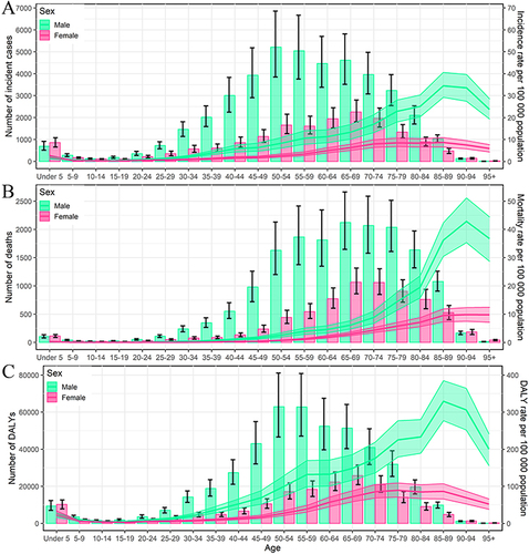 Figure 1 Disease burden of kidney cancer in 2019 in China. Numbers and rates of incidence (A), mortality (B), and DALYs (C) of kidney cancer by age and sex in 2019 in China. Shading represents the upper and lower limits of the 95% uncertainty intervals (95% UIs). DALYs, disability-adjusted life-years.