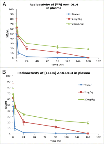 Figure 2. Changes in plasma radioactivity levels (Mean ± SD, n = 3) following IV administration of [125I]- and [111In]-labeled anti-DLL4 either as tracer alone or with 2 mg/kg and 20 mg/kg of unlabeled anti-DLL4 in athymic nude mice. (A) Radioactivity of [125I] anti-DLL4; (B) Radioactivity of [111In] anti-DLL4.