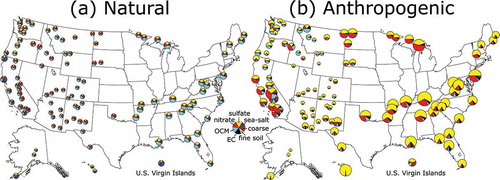 Figure 4. Chemical composition[s] of (a) natural and (b) anthropogenic aerosol extinction during the 20% most impaired days in 2015 scaled in proportion to the square root of natural and anthropogenic aerosol extinction, respectively.