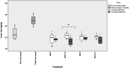Figure 2. Comparison of the liver zinc following different treatments. DFP: deferiprone; DFP + F: deferiprone and phlebotomy; DFO: deferoxamine; DFO + F: deferoxamine and phlebotomy. † Significant difference between treatments and post-iron loading time (P < 0.05), * Significant difference between the first and second month of treatments (P< 0.05). No significant differences present among treatments.