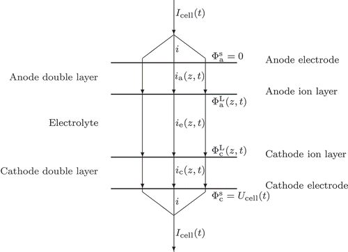 Figure 2. Electrical potential field model, detailed view of the solid [Citation4], [Citation6], φ electrical potentials, i = current densities.