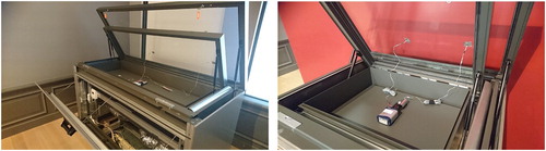 Figure 5. Photographs of Display case design while opened. Combined T/RH sensors were placed in the center of the inner display case and surface temperature sensors mounted to the inside of the glass plate.