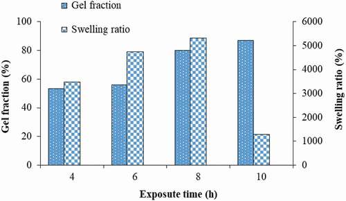 Figure 3. Effect of exposure time on gel fraction and swelling ratio at equilibrium of polymer gel (AN:MAA of 80:20, crosslinking agent of 1 g/100 mL and H2O2 of 60 mL).