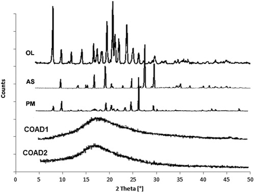 Figure 4. X-ray diffraction lines of olanzapine (OL), ascorbic acid (AS), 1:1 physical mixture (PM), 1:1 co-amorphous dispersion (COAD1), and 1:2 co-amorphous dispersion (COAD2).