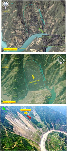 Figure 2. Remote sensing images of the Tangjiashan landslide: (a) before the earthquake (based on Google Earth); (b) after the earthquake (based on LocaSpace viewer). (c) an overview of the Tangjiashan landslide in August 2020 (taken by Cui, F P).