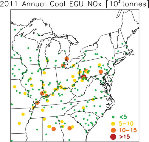 Figure 1. Total annual emissions of NOx (in units of thousands of metric tons NO2 equivalent) from coal-fired EGUs at the facility level as reported in 2011 to the Clean Air Markets Division (CAMD) (EPA, Citation2015d).