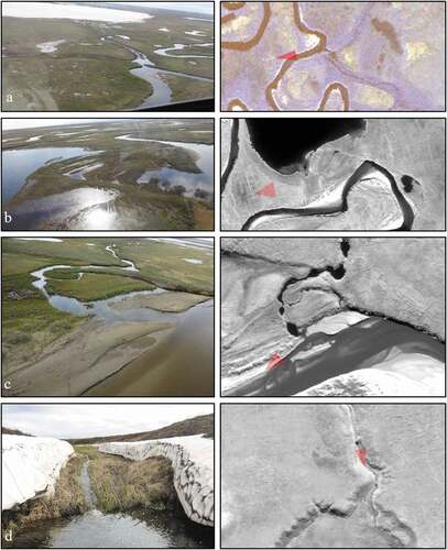 Figure 3. Oblique (left column) and satellite (right column) images of the four example catchment/riparian connectivity classes. The opaque red triangle on the satellite images shows the point of view seen in the oblique images. Connectivity classes shown are as follows: (a) no barriers, (b) wetland flowthrough, (c) subsurface flow, and (d) knickpoint. Locations of these images can be found on Figure 2