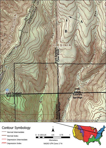 Figure 18. Comparison of US Topo contours at the intersection of four quadrangles in the Appalachian Highlands. Background imagery is the legacy 7.5’ topography. Rawley Springs and adjoining portions of the other three quadrangles (inside bold black lines) were produced from 10 meter DEMs derived from digitized legacy contours, while the source data for the remaining contours are lidar-derived DEMs.