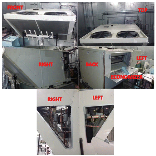 Fig. 2. Photos of the 15-ton (53 kW) nominal capacity air-to-air RTU used and installed inside the psychrometric chamber.