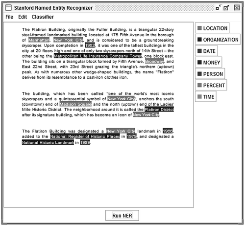 Figure 1. Example entity highlighting using Stanford’s Named Entity Recognizer.