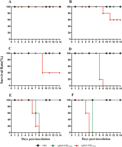 Fig. 3 Mortality of the recombinant HuN EA-H1N1 viruses in mice.Eight- to ten-week-old female C57BL/6 mice (n = 5/group) were inoculated intranasally with 101 (a), 102 (b), 103 (c), 104 (d), 105 (e), 106 TCID50 (f) of the recombinant viruses. Mice receiving PBS were used as controls. Survival was monitored for 14 days