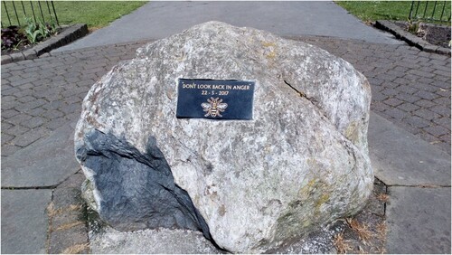 Figure 2. Memorial plaque in Royton Park, Greater Manchester. Sometimes, the bee symbol will appear with the song title by the Manchester rock band Oasis. ‘Don’t Look Back in Anger’. Source: Author.