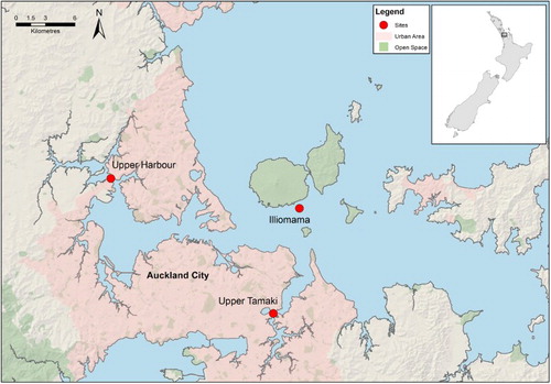 Figure 1. Sites selected for PSD assessment. Tamaki Estuary is a heavily urbanised and industrial catchment, Upper Harbour is partly urbanised and partly rural catchment and Illiomama Rock is a background site more removed from urban influences.