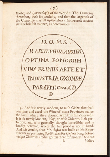 Figure 2. The design of the proposed monument to Austen, which seems never to have been produced, as printed in Beale and Lawrence’s Nurseries (1676), 7. Reproduced by kind permission of the Dean and Chapter of Christ Church, Oxford.