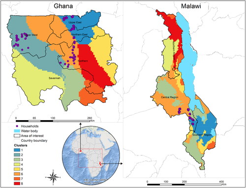 Figure 1. Map of the study showing the location of the survey households and zones with relatively similar rainfall patterns. The rainfall zones were generated from long-term (2014–2020) aggregation of annual TerraClimate satellite rainfall estimates.