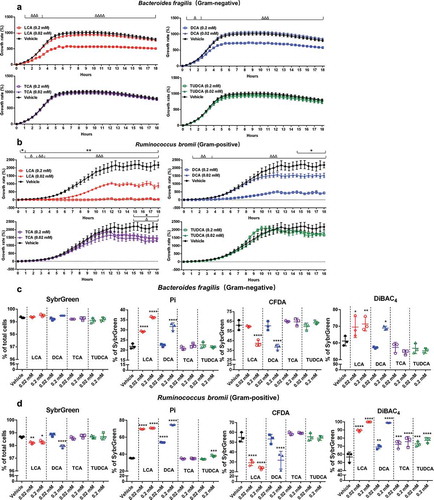 Figure 2. The growth rate and physiological response of Bacteriodes fragilis and Ruminococcus bromii to bile acid exposure in vitro.