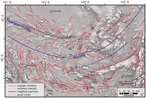 Figure 19. Structural interpretation of the southern Thomson Orogen showing magnetic trendlines of stratigraphic units. The figure illustrates the existence of large-scale megafolds in the southern Thomson, most prominent the Wyuna Megafold and the Thargomindah Megafold. Also shown are interpreted axial planes of these structures.