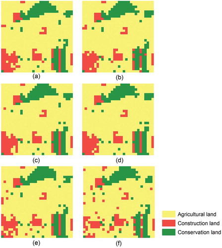 Figure 4. Solutions with highest OFV and lowest OFV under Scenario 1: (a) solution of SA with highest OFV, (b) solution of SA with lowest OFV, (c) solution of GA with highest OFV, (d) solution of GA with lowest OFV, (e) solution of PSO with highest OFV and (f) solution of PSO with lowest OFV.