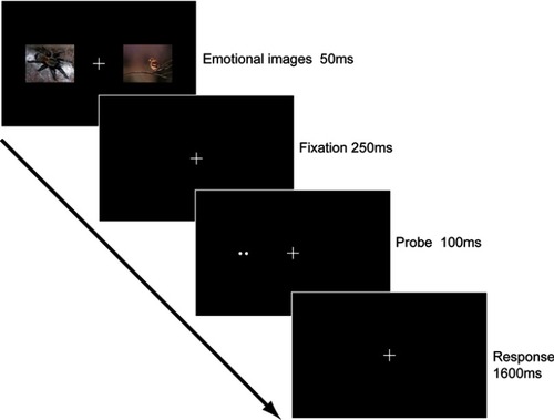 Figure 1 Schematic description of the stimulus pattern of one trial in the main experiment. Each trial began with two images in the left and right visual fields. One image was a threatening picture and the other was a neutral picture. After a blank interval, a spatial cue was presented in either the left or the right visual fields. Subjects were required to report the orientation of the spatial cue within 1,600 ms.