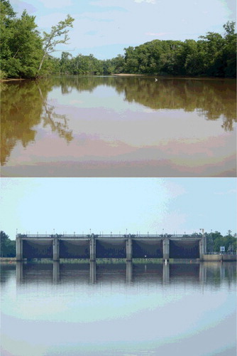 Figure 1. Top photo – Neches River channel upstream from the saltwater barrier; bottom photo – saltwater barrier on Lower Neches with gates in open position.