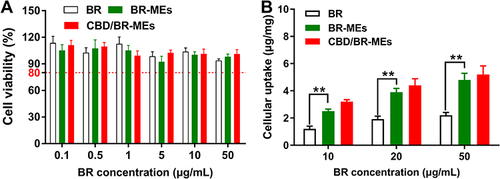 Figure 2 Cellular studies. (A) Cytotoxicity of various formulations against Caco-2 cells. The cell viability above the red dash line (>80%) represents a good safety toward the cells. (B) Cellular uptake of BR after Caco-2 cells were treated with different formulations at the BR concentration ranging from 10 ~ 50 μg/mL for 6 h. Data are represented as mean ± SD, n = 4. **P < 0.01.