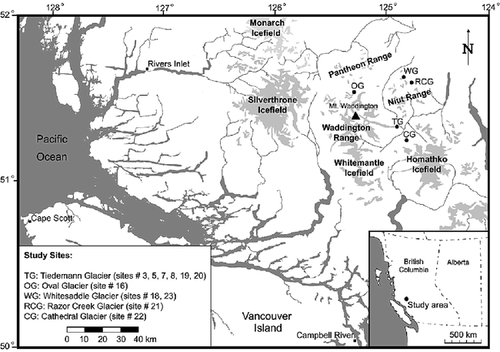 FIGURE 1. Location of control sites in the Mount Waddington area. In total, 11 control lichen measurement sites were sampled from five different glaciers
