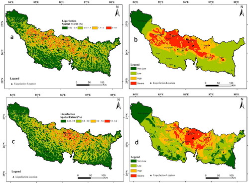 Figure 7. (a, b) shows the liquefaction damage scenario during the 1934 earthquake using Model A and Model B, and (c, d) shows the liquefaction scenario during 1988 by model A and model B, respectively. The maps were classified into four zones such as very low, low, high and severe using a natural break in ArcGIS 10.5.