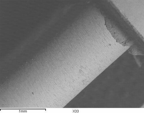 Figure 14 Representative SEM of silica coating treated group attached to composite core (original magnification 33) demonstrating adhesive type of failure.