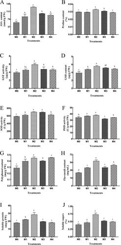 Figure 1. Effects of different concentrations of melatonin on ASA (A), proline (B), GST (C), GSH (D), SOD (E), POD (F), polyphenol (G), flavonoid (H), souble protein (I) and soluble sugars (J) in leaves of salt stressed cucumbers. Data are presented as means ± SD. Different letters (a, b, c, d) above the error bars indicate significant differences among the treatments (p < 0.05).