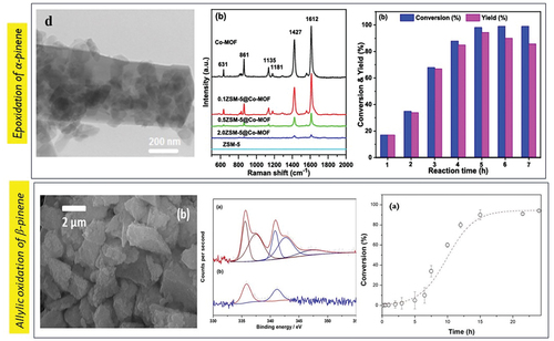 Figure 8. Some selected characterization and catalytic activity of materials active in oxidation or epoxidation of terpenes: a) epoxidation of α-pinene with ZSM-5@Co-MOF b) allylic oxidation of β-pinene with Pd/HPA/SBA-15. Images reproduced with permission of ref [Citation92] (a) and [Citation104] (b).