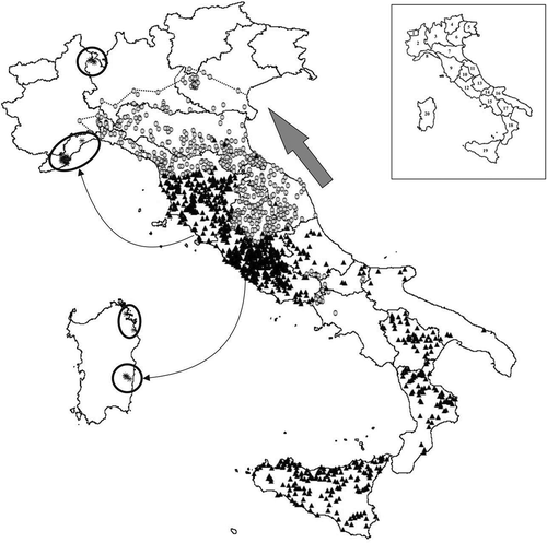 Figure 2. Distribution of crested porcupine (Hystrix cristata L., 1758) in Italy. Black triangles represent the historical range (before 1970), white circles the recent expansion (since 1970). Asterisks are the introduced nuclei. Box shows the Italian Regions: 1. Valle d’Aosta; 2. Piedmont; 3. Lombardy; 4. Trentino Alto Adige; 5. Friuli Venezia Giulia; 6. Veneto; 7. Emilia Romagna; 8. Liguria; 9. Tuscany; 10. Umbria; 11. Marche; 12. Latium; 13. Abruzzi; 14. Molise; 15. Campania; 16. Apulia; 17. Basilicata; 18. Calabria; 19. Sicily; 20. Sardinia. Introduced nuclei are circled: arrows represent the link with the source population, where known. Dotted line shows the current northern borderline of H. cristata in Italy.