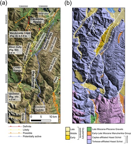 Figure 2. Overview of the NW Cardrona Fault. A, Active fault map with previous trench sites, and the vertical separation of terrace surfaces either side of the scarp, highlighted (Beanland and Barrow-Hurlbert Citation1988; Barrell Citation2019; van den Berg Citation2020). Fault mapping and classifications follow Barrell (Citation2019). B, Simplified geological map of the same extent in A from the 1:1,000,000 Geological Map of New Zealand (GNS Science Citation2014). Both maps underlain by New Zealand 8 m digital elevation model. Aerial imagery in A, from LINZ Aerial Imagery Basemap. Coordinates are in NZTM.