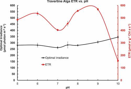Figure 6. ETR vs. irradiance curves were fitted to rapid light curves of Chlorococcum cells incubated (2 h) in buffered BG-11 with a pH range of 5 to 10. Optimum Irradiance (Eopt) (µmol photons m–2 s–1) and maximum ETR (ETRmax) (µmol e– g–1 Chl a s–1) for the photosynthetic ETR vs. irradiance over a range of pH in phosphate buffered BG-11 medium as an XYY graph. There was little effect of pH on the Eopt but the maximum ETR was depressed at pH 7 and 7.5 compared with pH 5 & 6 and 8. The ETRmax at pH 8.5 to 10 showed a significant decrease even though there was only a small change in the shape of the ETR vs. irradiance curves as indicated by the Eopt.