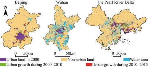 Figure 1. Urban growth for Beijing, Wuhan, and the Pearl River Delta during 2000–2010 and 2010–2015