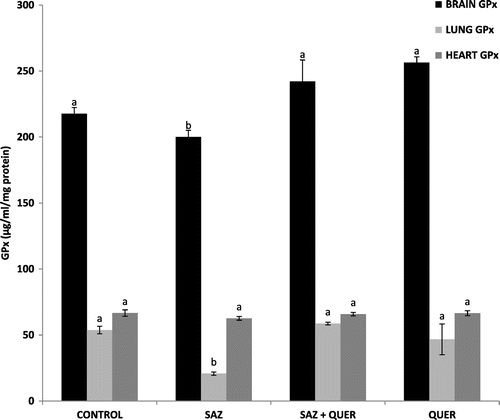 Figure 3. Effects of quercetin on brain, lung, and heart GPx activities in NaN3-treated rats.