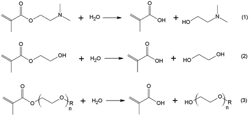 Scheme 1. Hydrolysis reactions of DMAEMA (1), HEMA (2) and (M)OEGMAs (3).